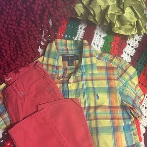 BOYS Ralph Lauren Yellow Plaid Shirt and Coral  GAP Pants